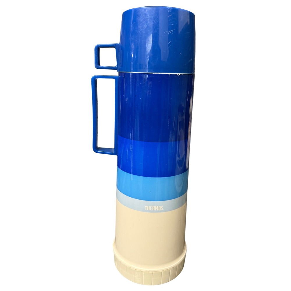 Vintage Thermos Striped Blue Cream Vacuum Bottle King-Seeley 24F 722 84A73
